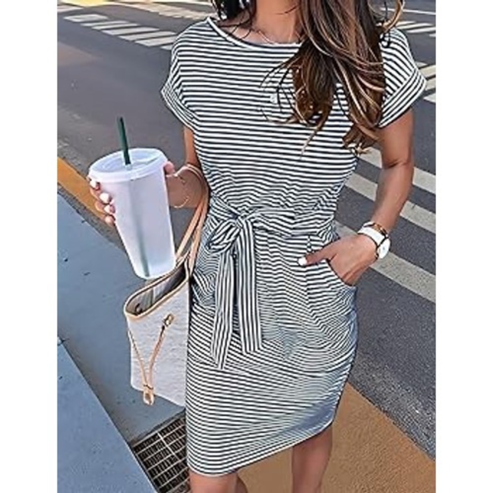 (B6) Fashion Women Striped Short Sleeve Tie Waist T-Shirt Dress Green White S